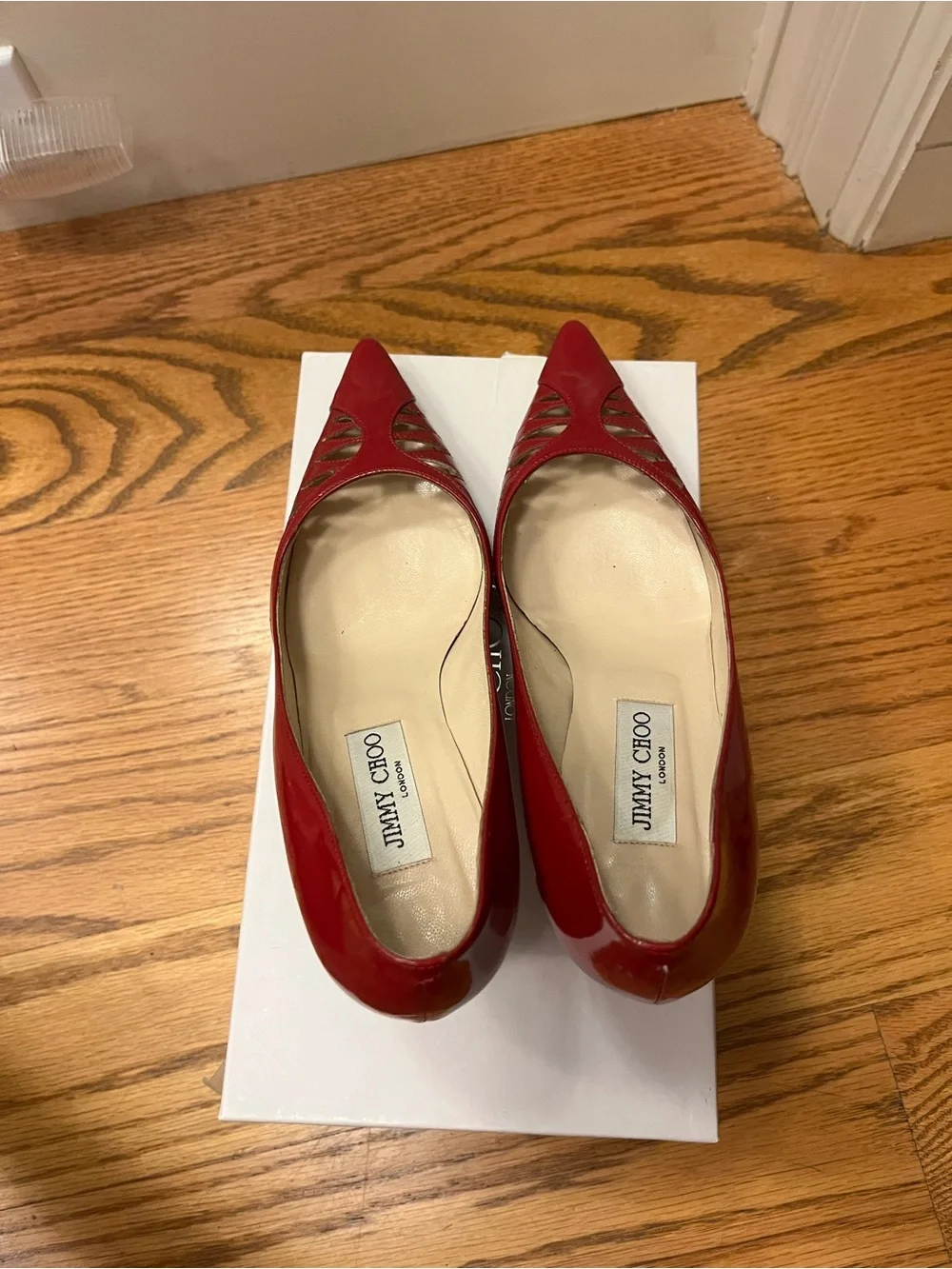 Jimmy Choo Red Patent Pointed-Toe Cutout Pumps